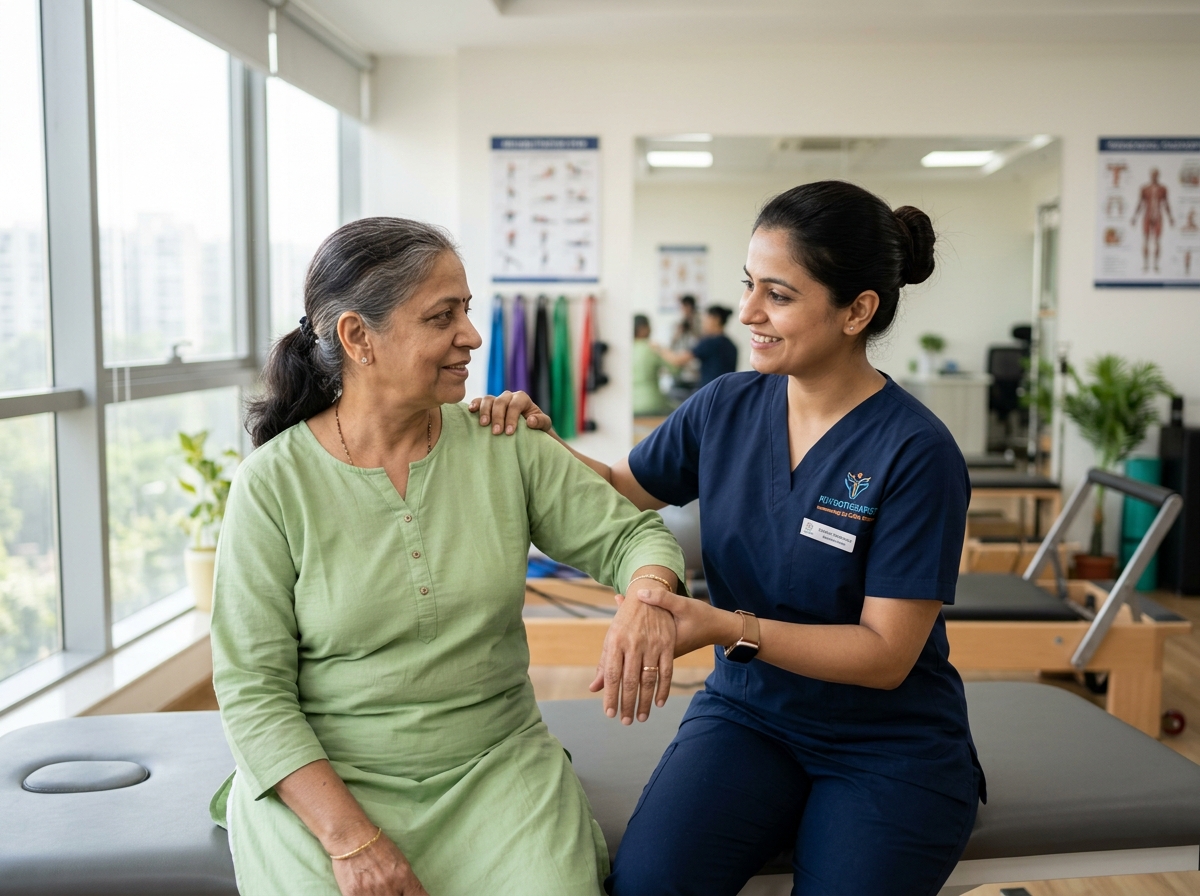 Professional Indian physiotherapist providing rehabilitation therapy in modern clinic